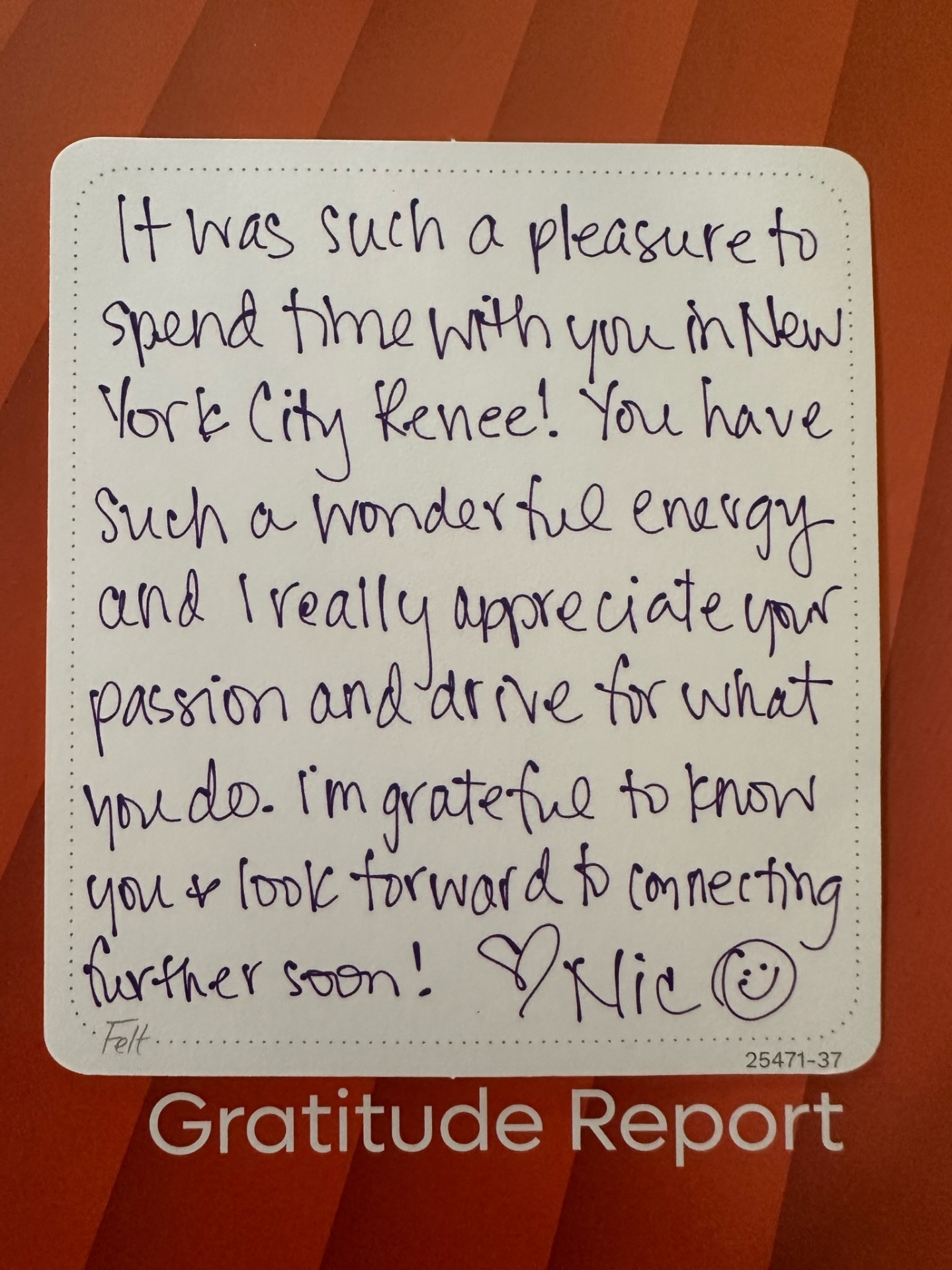Handwritten gratitude note from Nic